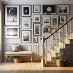 a staircase with many pictures on the wall and a bench in front of it next to a set of stairs