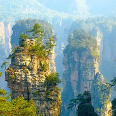 some very tall mountains with trees in the foreground