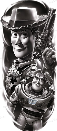 the character from toy story is shown in this black and white tattoo art design by artist mike