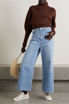 Light blue SNACKS! high-rise wide-leg jeans | MOTHER | NET-A-PORTER High Rise Jeans Outfit, Light Wash Jeans Outfit, Blue Snacks, Flare Jeans Style, Mother Clothing, Style Wide Leg Pants, Mother Jeans, Blue Jean Jacket