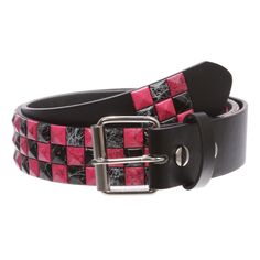 PRICES MAY VARY. Snap on, interchangeable roller buckle Material: Genuine bonded leather Hot pink & Black checkerboard studs detailing 1-1/2" in width Sizing: This belt is measured from inside edge of buckle to the center hole, the 3rd hole from the tip end. order 2 inches larger than pants size for best fit. e.g.: Small fits pants size 29"-31"; Medium fits pants size 32"-34"; Large fits pants size 35"-37"; X-Large fits pants size 38"-40" Material: Genuine PU bonded leather Width: 1 1/2" (38 mm) Scene Accessories, Branded Belts, Studded Belt, Belt Shop, Leather Care, Punk Rock, Belts For Women, Pink Black, Hot Pink