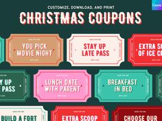 christmas coupons with the words, you pick movie night, and breakfast in bed