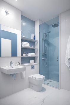 a bathroom with blue and white decor on the walls, toilet, sink and shower