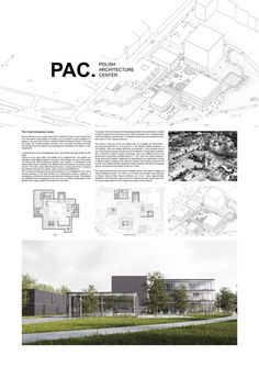 an architectural drawing shows the various sections of a building and its surrounding area, with text describing