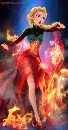 a woman in a red dress standing on fire