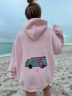 Get ready for some beach vibes with our embroidered Van Star Hoodie in Light Pink by Sunkissed Coconut! Featuring a van with a surfboard on the back, a "smile" on the sleeve, fun stars front and back. This unisex adult-sized hoodie is perfect for those who want a loose fit without being oversized. And with a 50% cotton 50% polyester blend, it's super soft and cozy for all-day wear. Sunkissed Coconut, Embroidered Vans, Light Pink Hoodie, Swim Jewelry, Star Hoodie, Luxury Paints, Pink Vans, Embroidered Hoodie, Beach Vibes