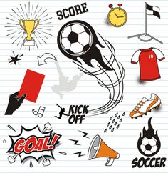 a notebook page with soccer related items on it and the words score, kick off, goal