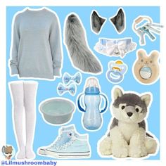 an assortment of baby items are displayed on a blue background with white socks and accessories