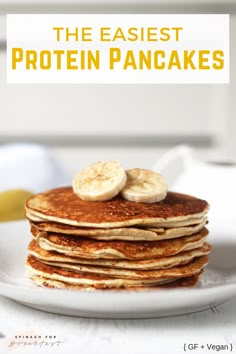 a stack of pancakes with bananas on top and the words, the fastest protein pancakes