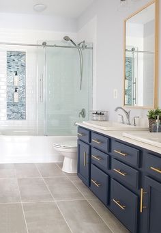 a bathroom with blue cabinets and white walls