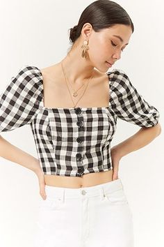 Plaid Crop Top, Puff Sleeve Crop Top, Trendy Blouses, Women's Tank Tops, Blouse Design Models, Vestidos Vintage, Top Crop, Forever21 Tops, Blouse Outfit