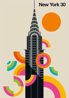 the new york skyline is shown in this retro style art print, with colorful circles around it