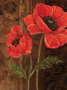 two red poppies in a vase on a brown and black background with an ornate design