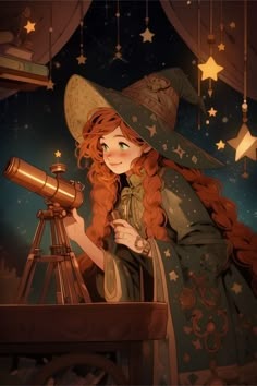 a girl with long red hair wearing a hat and holding a telescope looking at the stars