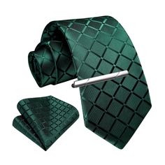 Plaid Tie Handkerchief Clip - A2-DARK GREEN Emerald Green Tie, Silk Crafts, Successful Men, Business Party, Tie Length, Plaid Tie, Elegant Man, Green Tie, Valentines Day Birthday