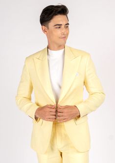 Liberty Light Yellow Linen Suit Fitted Linen Blazer With Notch Lapel, Semi-formal Summer Sets With Notch Lapel, Classic Summer Sets With Notch Lapel, Summer Single-breasted Sets With Notch Lapel, Tailored Summer Suits For Semi-formal Occasions, Classic Fitted Summer Suit, Luxury Fitted Summer Sets, Luxury Fitted Sets For Summer, Semi-formal Summer Suit With Suit Collar