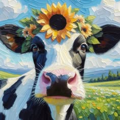 a painting of a black and white cow with sunflowers on it's head