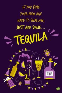 a purple poster with the words tequila on it and some drinks in front of it