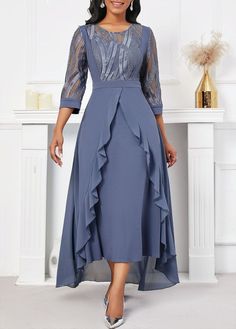 Round Neck Dress, Short Sleeve Maxi Dresses, Round Neck Dresses, Embroidery Dress, Maxi Dress With Sleeves, Classy Dress, Mother Of The Bride Dresses, Dusty Blue, Blue Dress