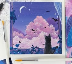 a painting of a cat looking out a window at the moon and stars in the sky