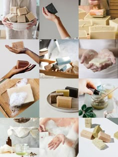 the collage shows different types of soaps and handmade items in various stages of creation