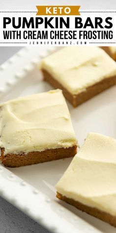 four pieces of pumpkin bars with cream cheese frosting on a white plate and text overlay reads keto pumpkin bars with cream cheese frosting