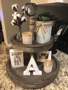 two tiered trays with various items on them