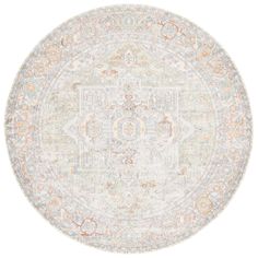 a round rug with an ornate design on the center, in white and orange colors