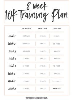 the 8 week 10k training plan is shown in black and white, with text overlay