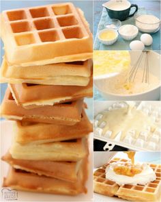 several pictures of different types of waffles with icing and butter on them