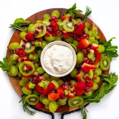 a platter filled with grapes, kiwis and strawberries