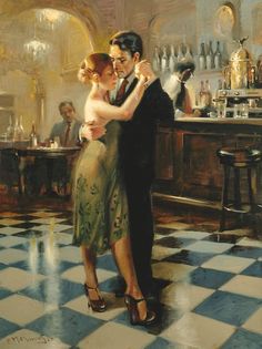 a painting of a couple dancing in a bar