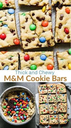 cookies and m & m cookie bars are arranged on top of each other