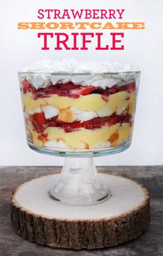 strawberry shortcake trifle in a glass dish