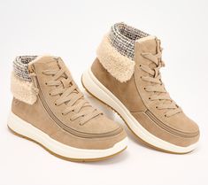 A real treat for your feet, these lace-up sneakers feature a wraparound zipper for easy entry, and a sweater knit cuff that adds style, texture, and comfort. From BILLY Footwear. Boots 2024, Sweater Knit, Knit Cuff, Cool Clothes, Embroidery Logo, Boots Shoes, Snow Boots, Sneakers Fashion, Knitted Sweaters