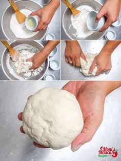 four pictures showing how to make pizza dough