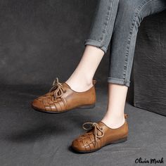 Olivia Mark - Shanghai Jiezhou Retro Casual Handcrafted Woven Leather Belt Flat Single Shoes Heels Patterns, Lace Up Flats, Casual Flat Shoes, Shoe Size Conversion, Casual Flats, Rubber Heels, Retro Stil, Lace Up Flat, Leather Flats