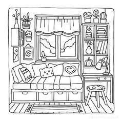 a black and white drawing of a couch in front of a window with bookshelves