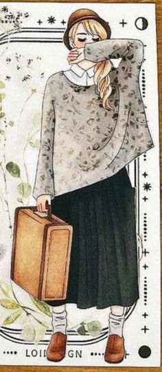 a drawing of a woman holding a suitcase in her right hand and covering her mouth