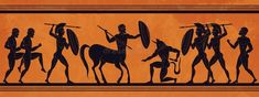 an ancient scene with people and animals in the style of greek art on orange background