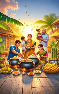 the family is preparing their meal together in front of an outdoor setting with palm trees