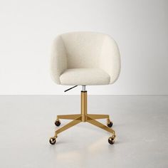 an office chair with wheels and a white upholstered fabric seat, viewed from the front