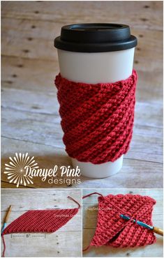 a coffee cup cozying with a knitted scarf on the top and bottom is shown