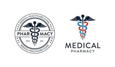 two logos for medical pharmacy, one with a cadus symbol and the other with a stethoscope