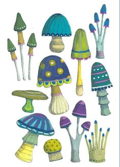 an assortment of colorful mushrooms and plants on a white background with blue trimmings