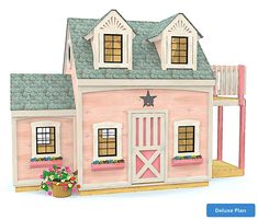 a wooden doll house with a pink roof and two story windows on the second floor