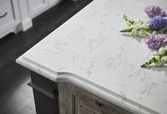 two purple and white flowers sitting on top of a marble countertop in a kitchen