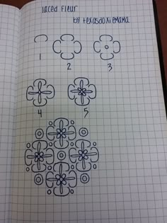 an open notebook with some drawings on the page and numbers written in blue ink next to each other