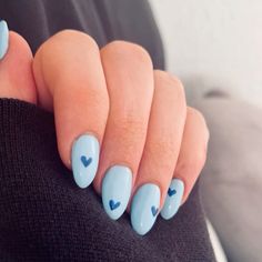 #nails #nailart #acrylic #acrylicnaildesigns #almondnails #aesthetic #summer #summernails #blue #heart Cute Nail Designs With Hearts, Nail Designs On Blue Nails, Simple Blue Nail Designs Short, Summer Heart Nails, Nail Inspo For Natural Nails, Blue Easy Nails, Simple Gel Nails Summer Almond, Cute Gel Nails Blue, Short Nail Inspo Summer 2024 Simple