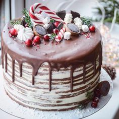 a chocolate cake decorated with candy and candies